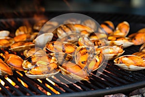 close-up of flames licking clam shells on a grill