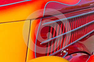 Close up of the flames on a vintage hot rod