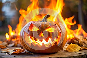 Close up of flaming jack o lantern photo
