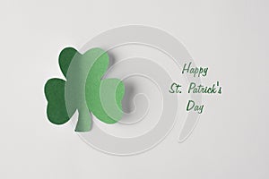 Close up flat lay view photo picture of green clover leaf isolated white backdrop with text