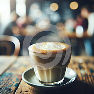 Close-up of a flat white coffee, frothy texture with a softly blurred cafe setting. AI generated. photo