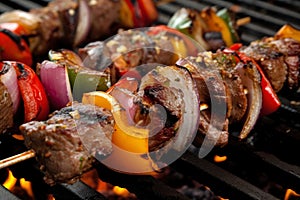 Close-up of a flavorful and spicy Churrasco marinade being brushed onto a skewer of beef and vegetables