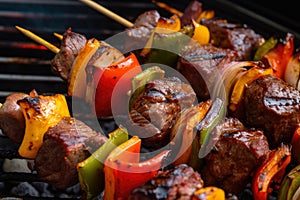 Close-up of a flavorful and spicy Churrasco marinade being brushed onto a skewer of beef and vegetables