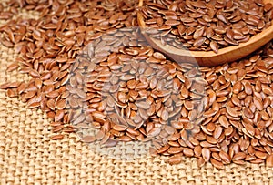 Close up of flax seeds in wooden spoon on canvas