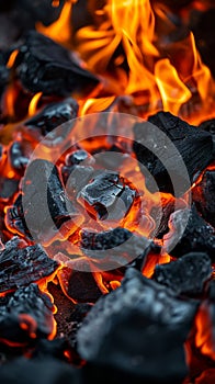 Close-Up of Flickering Coal Fire in Intense Blaze