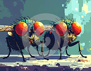 Close-up of Flies with Red Eyes on Surface