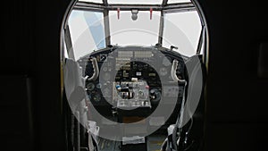 Close up of flight cockpit, tools and panels from old An-2