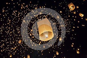 Floating asian lanterns in Yee-Peng festival ,Chiang Mai Thailand