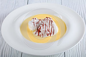 Close-up of a floating island dessert,