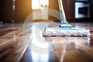 Close up of Floor cleaning with mob with cleanser foam at home. Cleaning tools on parquet floor