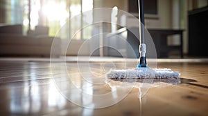 Close up of Floor cleaning with mob with cleanser foam at home. Cleaning tools on parquet floor