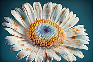 a close up of a flower with a blue background and a yellow center and a blue center with orange dots on it and a blue background