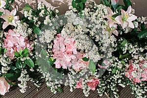 Close up flower Decoration in the wedding banquet room.