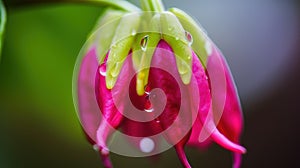 a close up of a flower with water droplets on it\'s petals and a green leaf in the back ground with a blurry background