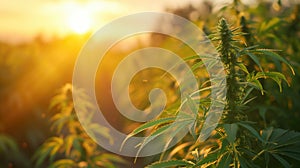 Close-up of a flowering cannabis plant at sunset on a hemp farm, suitable for content on agriculture, medical cannabis