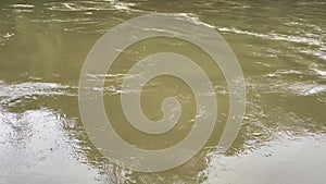 Close up of flowing river turbid water rapids in mountain river. Freshness of nature.