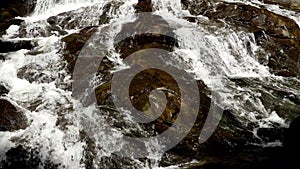 Close up of flowing water splash from mountain river on summer day. Cold spring water flowing bubbly river splash