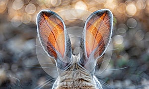 Close-up of a fluffy bunny's ears perked up