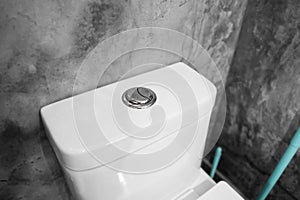 Close up on a flush toilet button for cleaning a toilet.