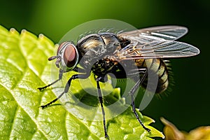 Close-up of a fly sitting on a green leaf.