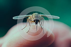 A close up of a fly sitting on a person's finger