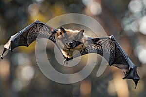 Close up of a flying fox bat in flight against a forest background, captured