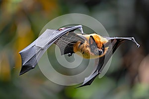Close up of a flying fox bat in flight against a forest background, captured