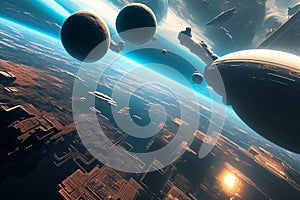 close up, flying through an orbital space city