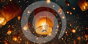 Close-up of a flying sky lanterns with a candle being released during a cultural celebration. Traditional floating chinese