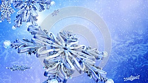 Close up flying snowflake on blue snow background.
