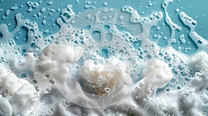 Close up foam bubble on blue background. Soap sud photo