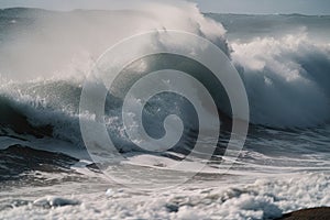 close-up of foaming waves pounding the shore during a tsunami