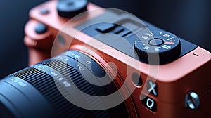 Close-Up Of Focus Magnification Button On Mirrorless Camera With Wide-Angle Lens, Dark Background With Lighting Contrast