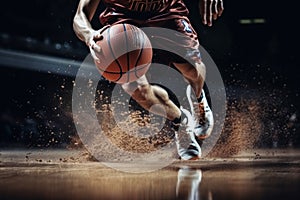 Close-up of focused basketball player skillfully kicking ball during intense game action on court