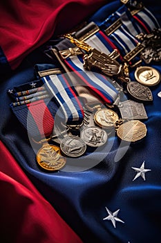 close-up of folded american flag and military medals