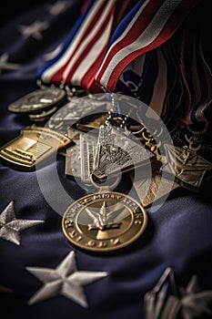 close-up of folded american flag and military medals