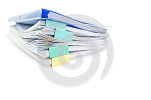 Close up folder document and Stack of papers isolated on white background