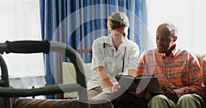 Close-up of folding walkers with doctor and patient in background 4k