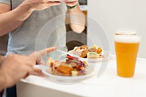 Close up of food and beer on table. Snack buffet catering concept