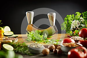 Close up on food chopper on top of cutting board