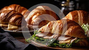 Close - up food photography of platter of delicious deli turkey croissant sandwiches. Generative AI