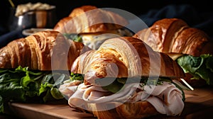 Close - up food photography of platter of delicious deli turkey croissant sandwiches. Generative AI