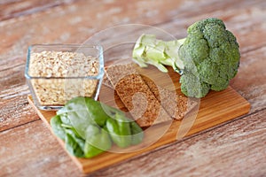 Close up of food rich in fiber on wooden table