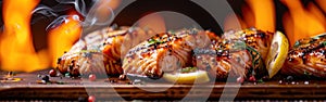 Close-up of food sizzling on a grill, specifically grilled salmon resting on a wooden board