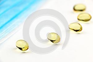 Close up food Supplement oil filled capsules suitable for: fish oil, omega 3, omega 6, omega 9, evening primrose, borage