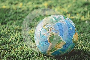 close up of a football ball decorated with a world map, on a grass field, king sport, soccer ball, world championship, european