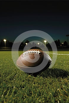 close-up of a football on a grassy field with stadium lights