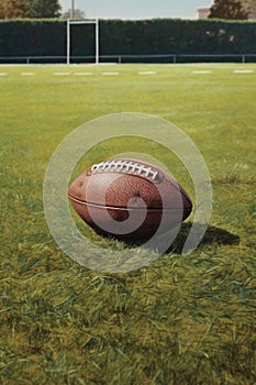 close-up of a football on a grassy field with yard lines