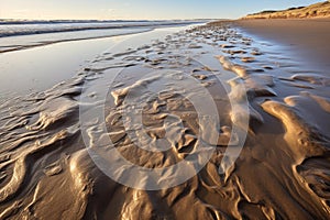 close-up of footprints in wet beach sand