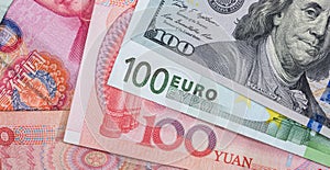 Close up of foreign currency banknotes as background.